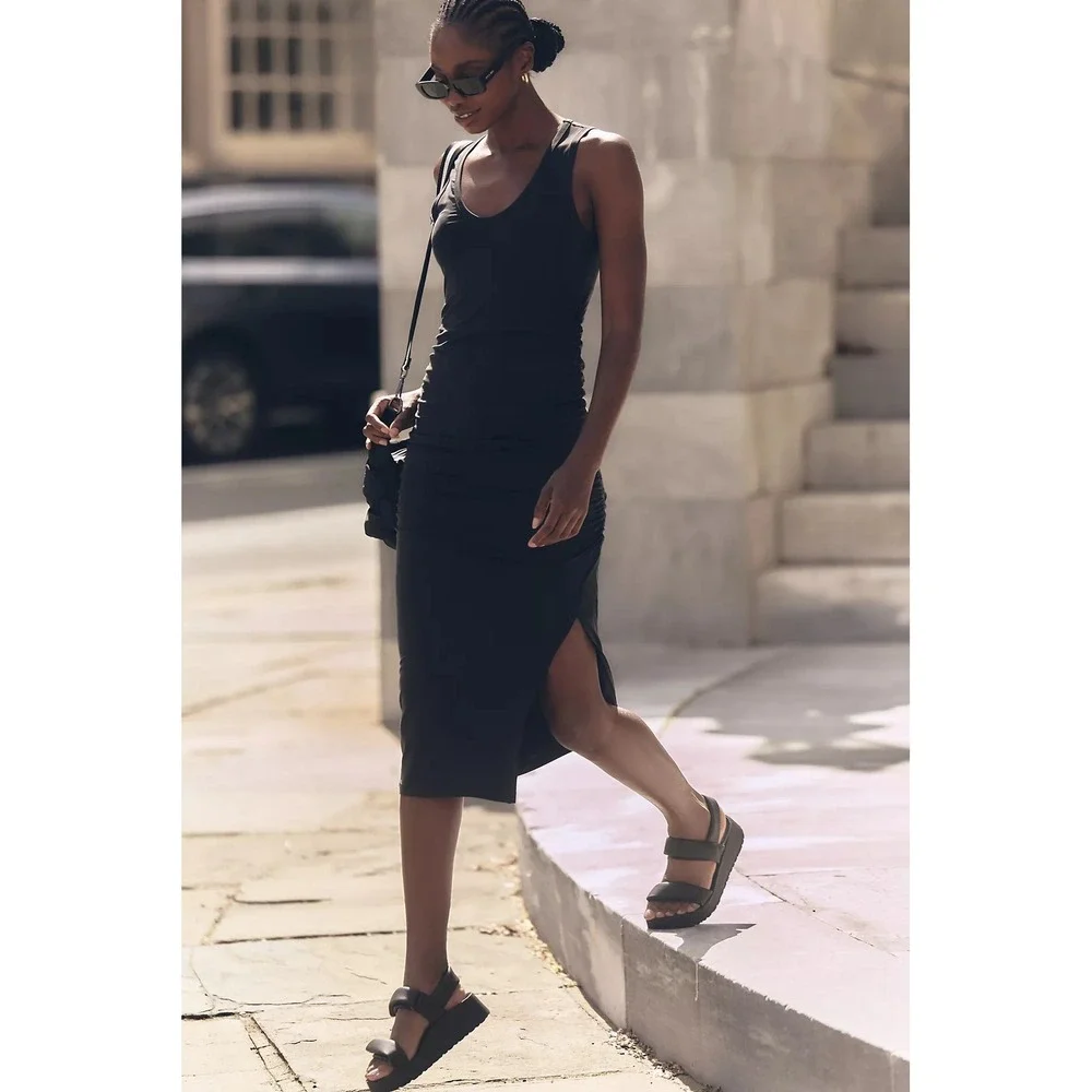 Anthropologie‎ Beyond Yoga Women Fit the Mood Midi Dress XS Black Ruched Tank
